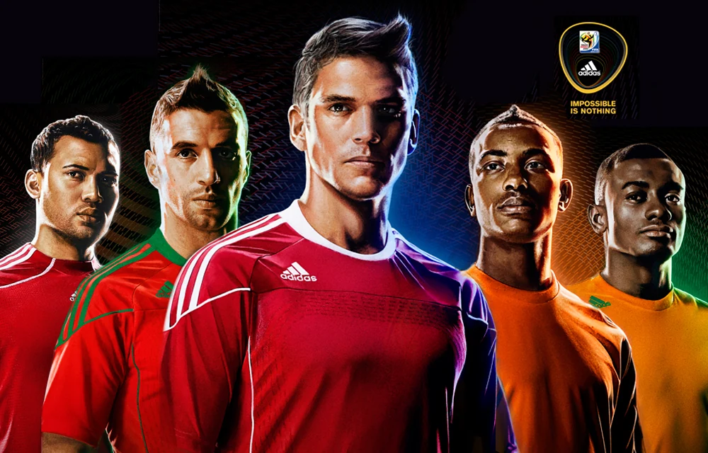Stylized portraits of five football players in colourful Adidas national team shirts against a dark background.