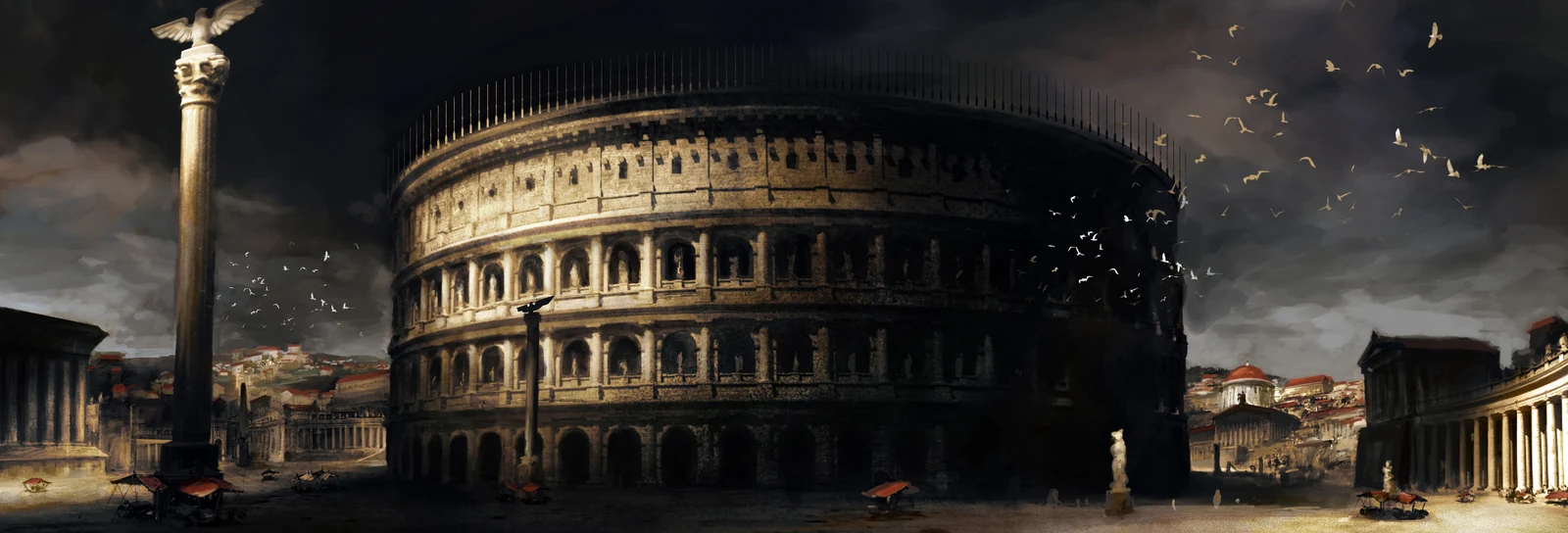 A panoramic concept painting of the Colosseum under dramatic storm clouds, lit against the surrounding Roman city.