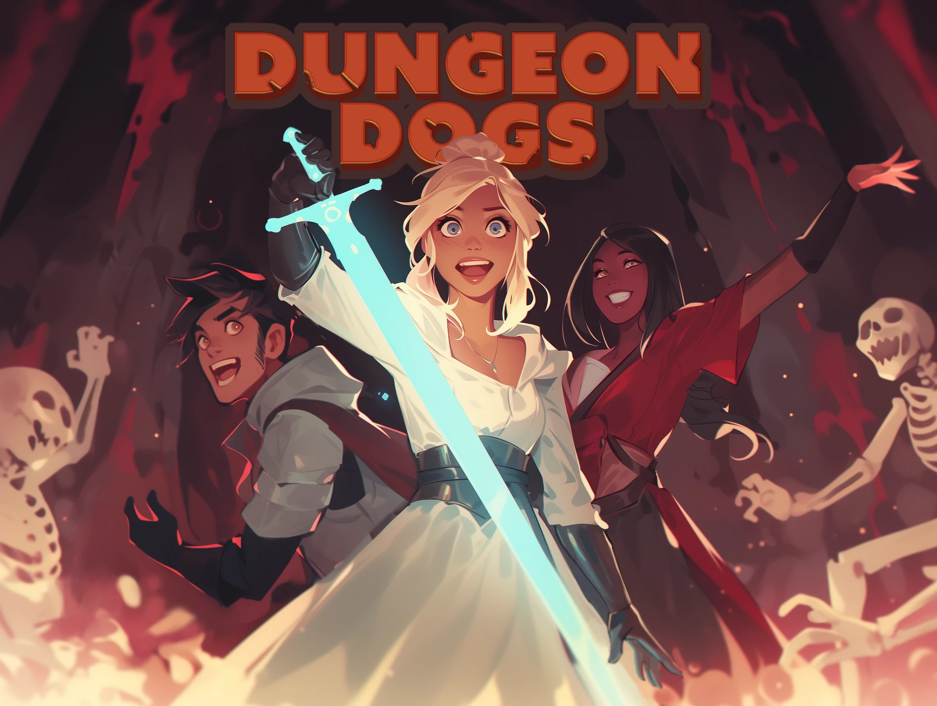 Dungeon Dogs title artwork: three expressive fantasy adventurers, a glowing cyan sword and skeletons in a warm-lit dungeon.