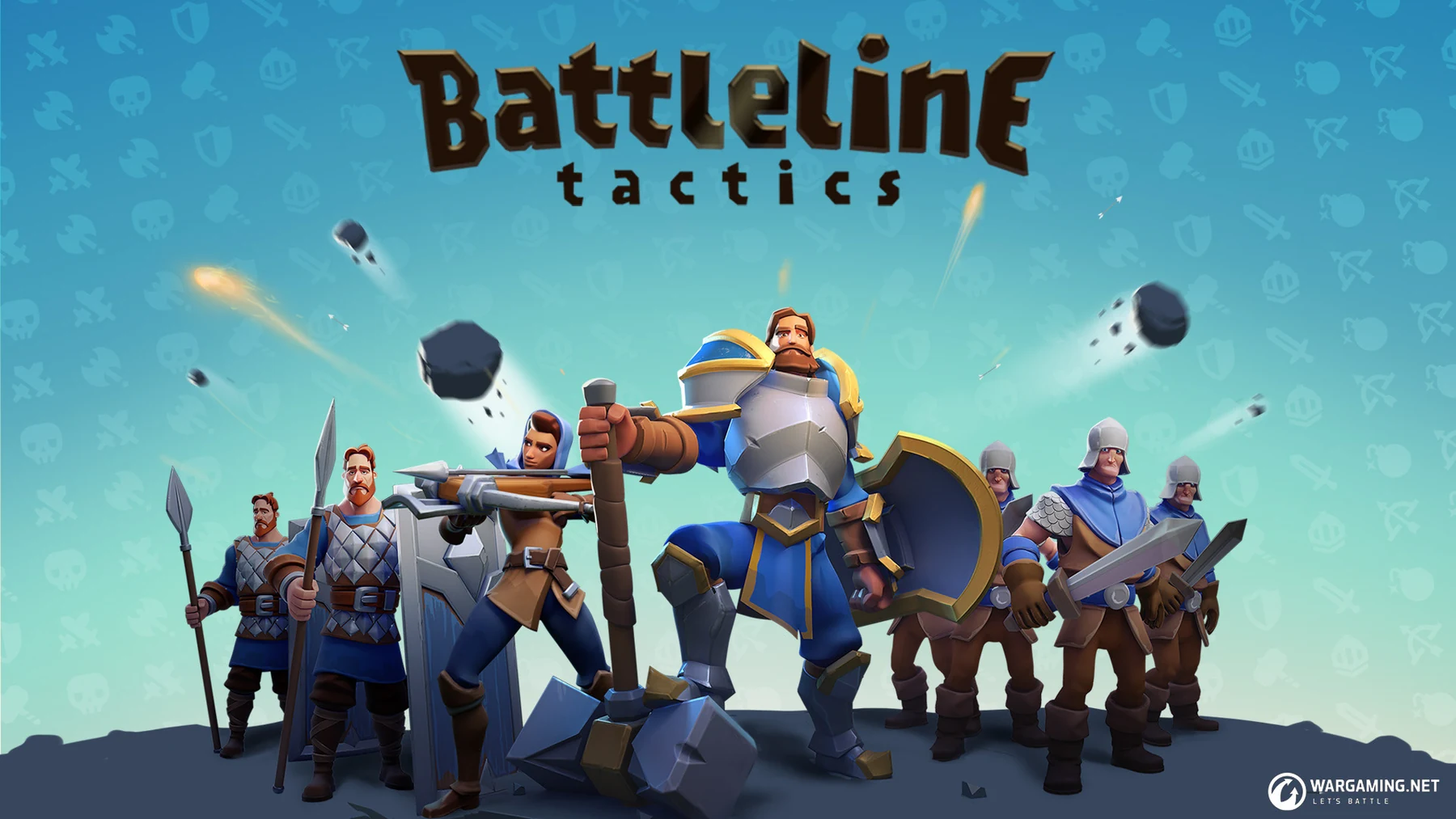 The Battleline Tactics fantasy cast, led by an armoured knight holding a sword and shield.
