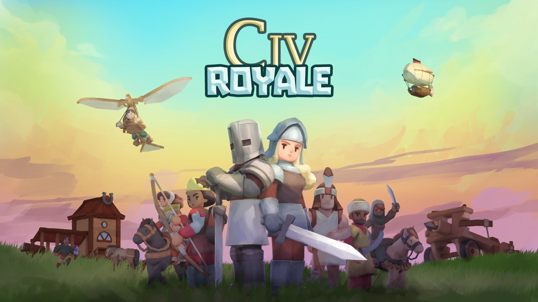 Civ Royale key art with stylized historical warriors, a village and flying machines beneath a pastel sky.