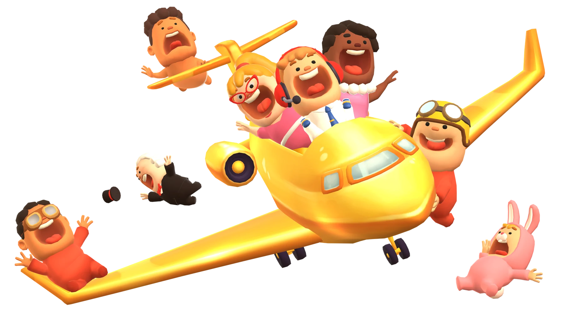 An exuberant cast of rounded Spud characters tumbling around a yellow aeroplane.
