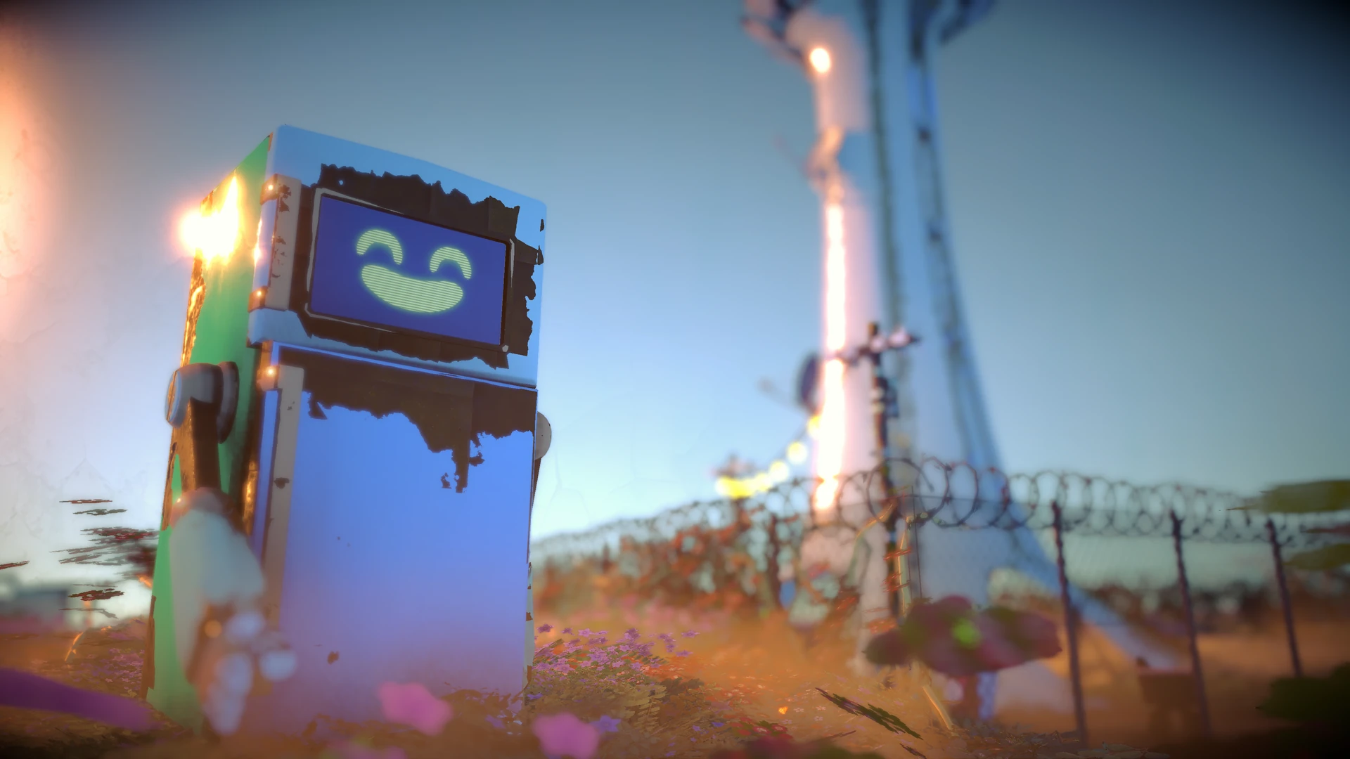 A smiling, weathered refrigerator robot against blue sky, warm light and overgrown industrial ruins.
