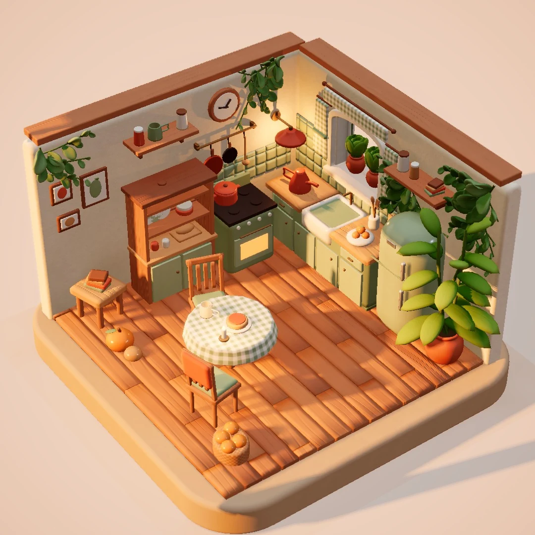 A warm miniature kitchen with sage cabinets, terracotta pots, trailing plants and a small round table.