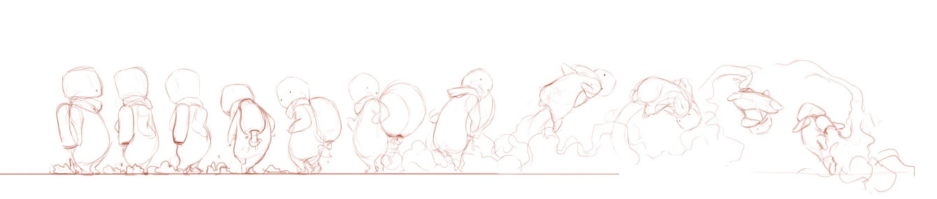 Pippie character motion studies in loose red pencil