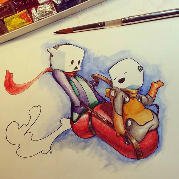 David’s original watercolor of two Pippies in a red boat